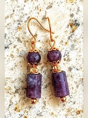 Genuine Very Pink Ruby In Raw Rough All Natural  In Drop Gold Plated Earrings